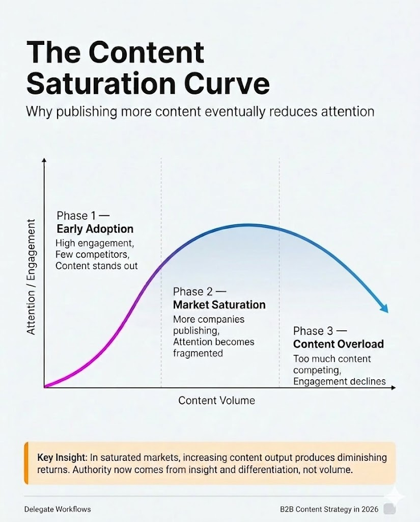 content saturation curve showing how increasing content volume leads to reduced attention and diminishing returns