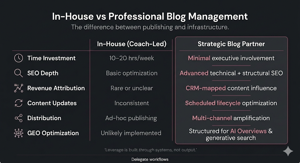 Comparison of in-house vs professional blog management services showing differences in SEO depth, time investment, distribution, and revenue attribution