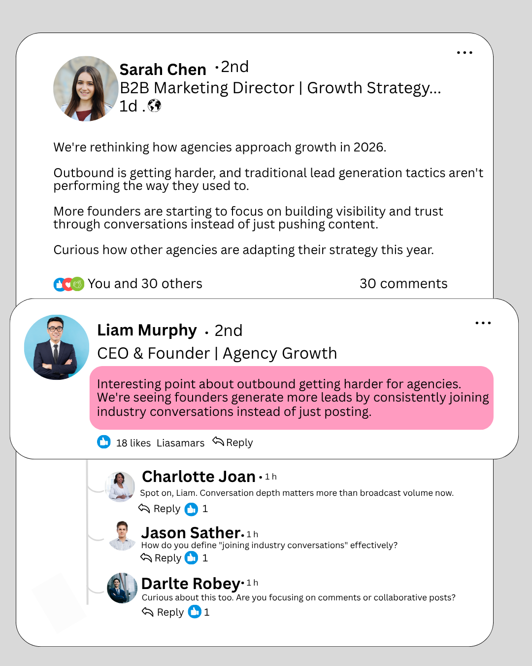 LinkedIn growth strategy for B2B founders conversation and engagement funnel example