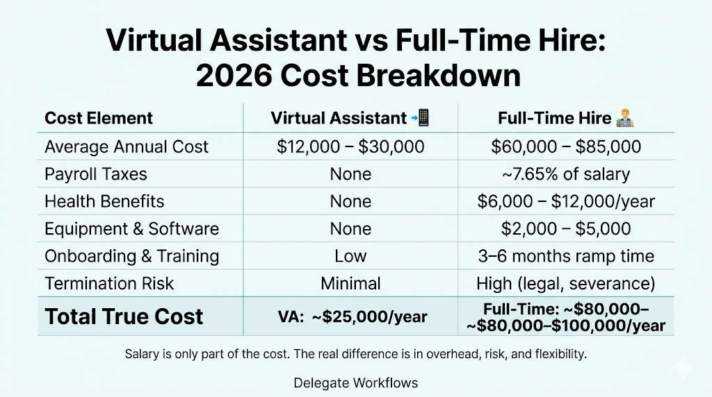 Virtual Assistant vs. Full-Time Hire 2026 cost breakdown comparison